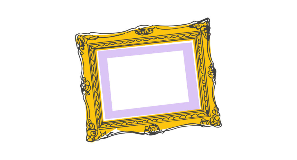 A fancy yellow picture frame with a purple inner lining, empty in the center. 